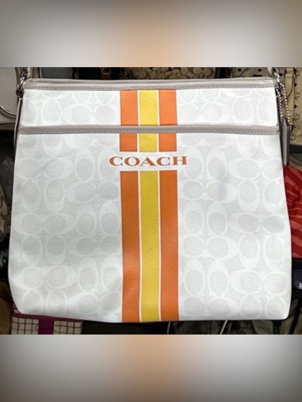 Coach Varsity Stripe Crossbody Bag F38402 Cream Orange Yellow Swingpack 2018 GUC - Picture 3 of 13